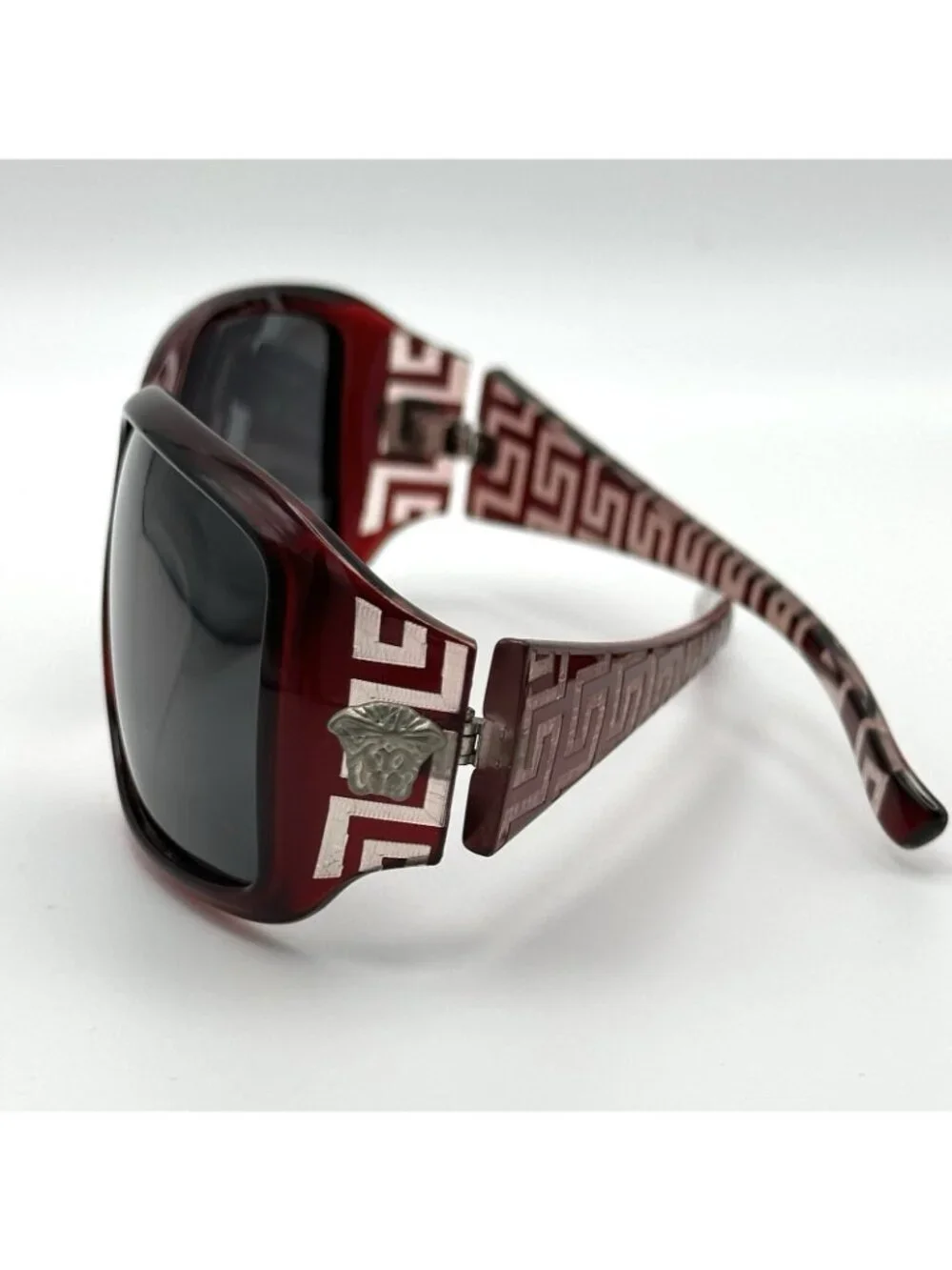 Fashion Rectangular Sunglasses Deep Burgundy Oxblood Frames Temple Medallion